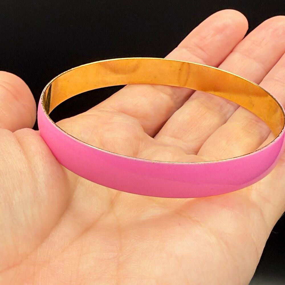 Vintage Pink Enamel Gold Tone Thin Stacking Bangle Bracelet Retro